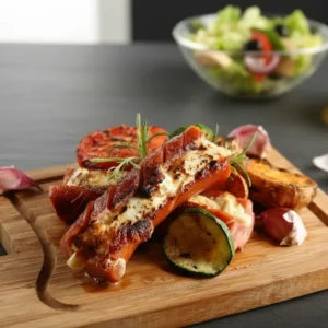 Grillowane kiełbaski z serem feta z dodatkami (pieczywo, sosy) 120g