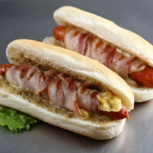 Hot dog z grillowaną kiełbaską z dodatkami (pieczywo, ketchup, musztarda)