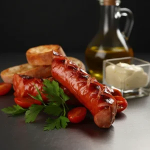 Kiełbasa z grilla z sosem chrzanowo-musztardowym z dodatkami (pieczywo, musztarda) 120g