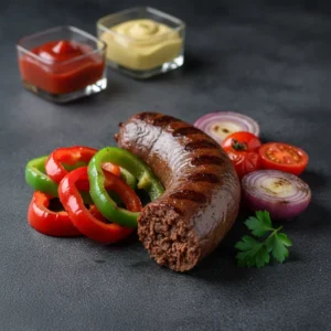 Kaszanka z grilla z dodatkami (pieczywo, ketchup, musztarda)