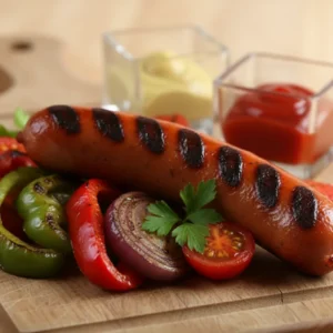 Kiełbaska z grilla z dodatkami (pieczywo, ketchup, musztarda)